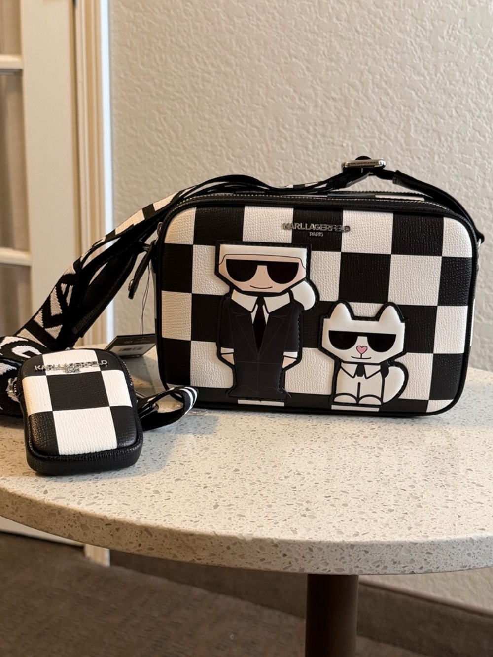 Karl Lagerfeld Black & White Checker Crossbody & Coin Pouch NWT